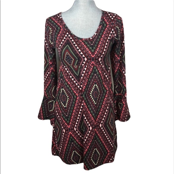 Bongo Retro Print Bell Sleeve Dress w Strap Back Size Small - Picture 2 of 11